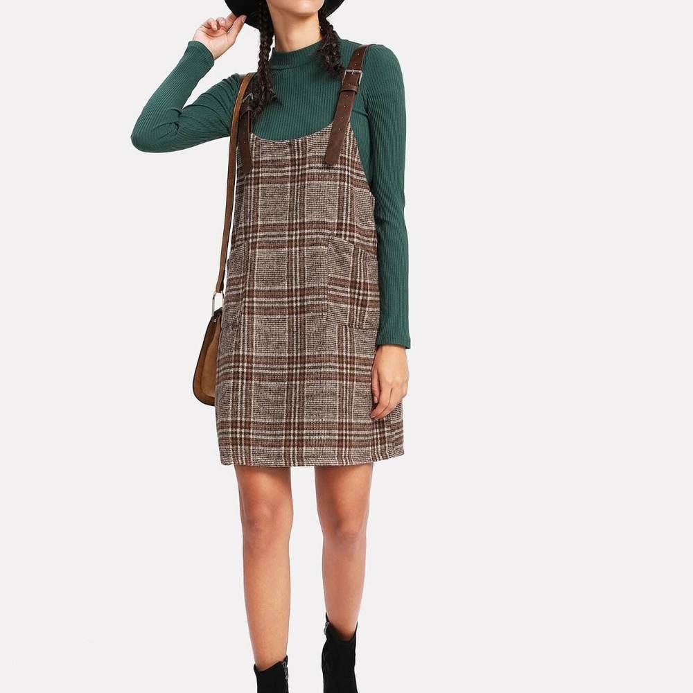 Plaid Buckle Overall Pinafore Dress